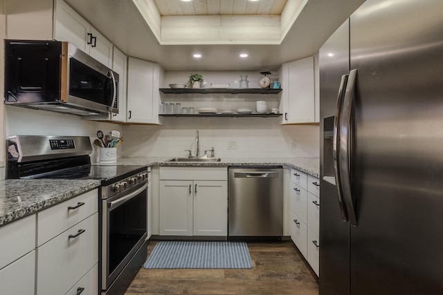 kitchen featuring dark wood-type flooring, a sink, white cabinetry, stainless steel appliances, and a raised ceiling