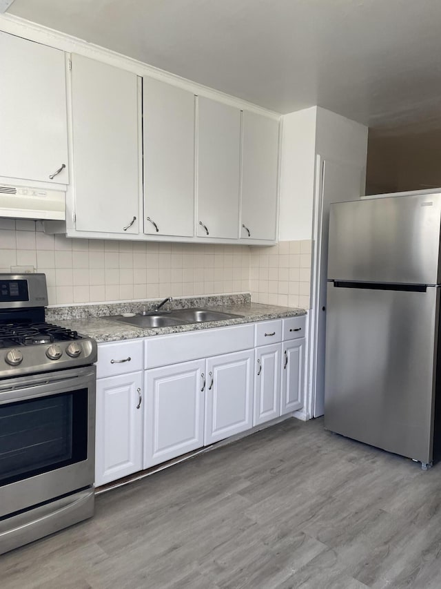 kitchen featuring decorative backsplash, appliances with stainless steel finishes, light wood-type flooring, under cabinet range hood, and a sink