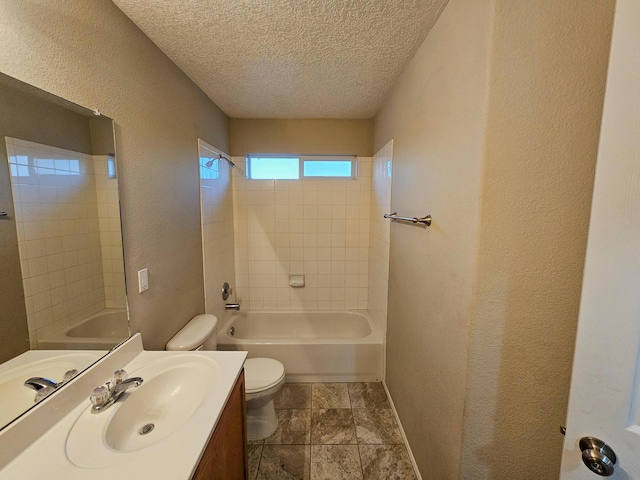 6619 Country Hills Ct NW, Albuquerque, NM 87114 - bathroom with shower / washtub combination, toilet, vanity, a textured wall, and a textured ceiling