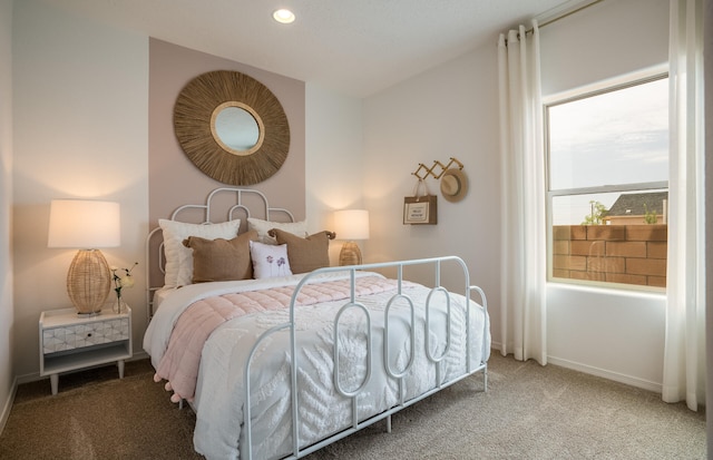 carpeted bedroom with baseboards and recessed lighting