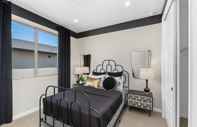 bedroom with carpet flooring, recessed lighting, and baseboards