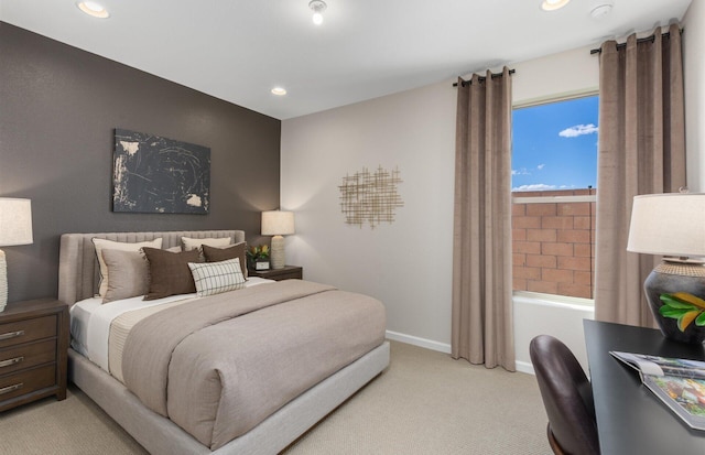 bedroom with recessed lighting, baseboards, and light colored carpet