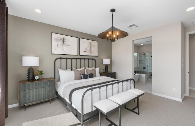 bedroom with visible vents, light carpet, baseboards, and a chandelier