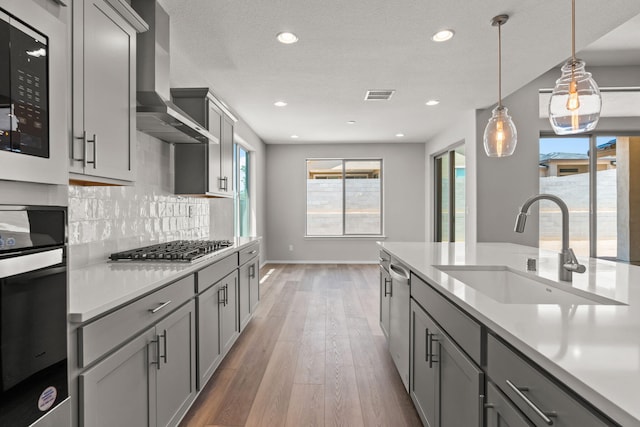 8401 Twain Way NW, Albuquerque, NM 87114 - kitchen with a sink, appliances with stainless steel finishes, wall chimney range hood, gray cabinetry, and light wood-type flooring