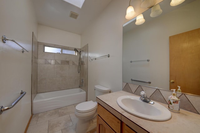 full bath with vanity, visible vents, tile patterned flooring, bathtub / shower combination, and toilet