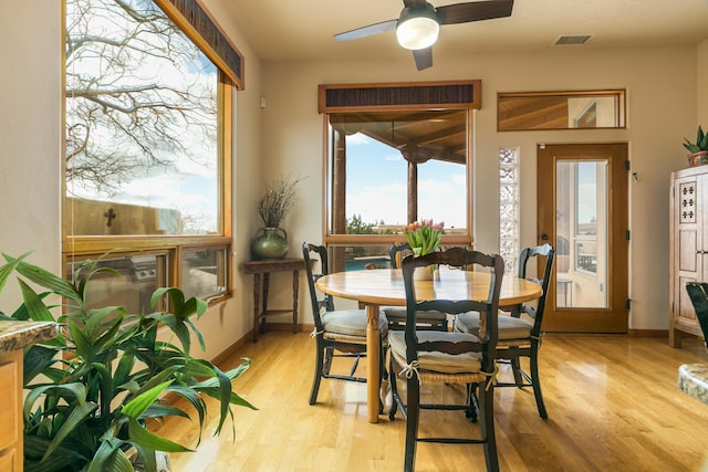 dining area with visible vents, ceiling fan, baseboards, and light wood-style floors