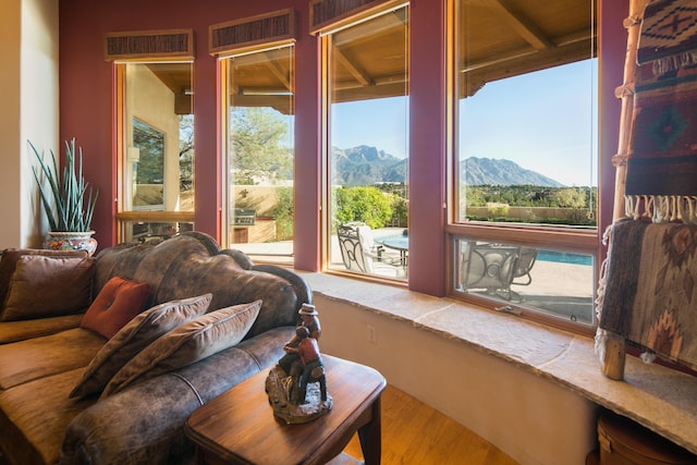 interior space featuring wood finished floors, a mountain view, and a wealth of natural light