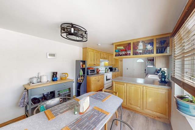 kitchen with visible vents, light wood finished floors, a peninsula, under cabinet range hood, and appliances with stainless steel finishes