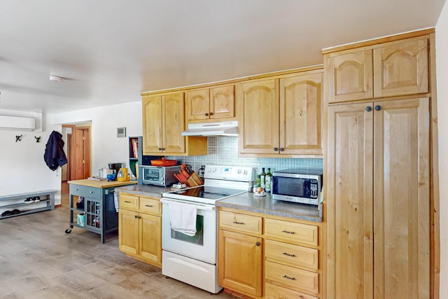 kitchen with stainless steel microwave, light brown cabinetry, under cabinet range hood, and white range with electric stovetop