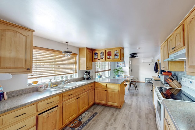 kitchen with light wood finished floors, under cabinet range hood, a peninsula, white electric stove, and a sink