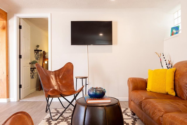 living room featuring baseboards, a textured ceiling, and light wood-style flooring