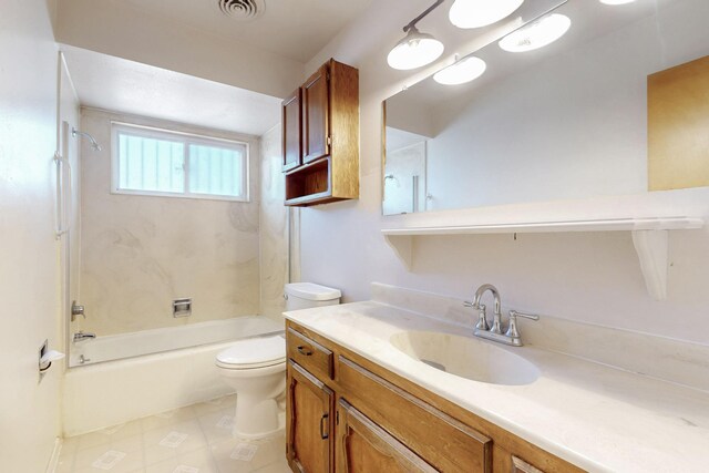 bathroom with visible vents, toilet, bathing tub / shower combination, tile patterned floors, and vanity