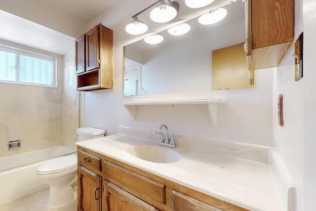 bathroom with vanity, tile patterned floors, toilet, and shower / bathtub combination