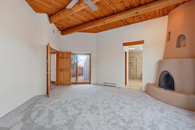 unfurnished living room featuring beam ceiling, a fireplace, ceiling fan, wooden ceiling, and baseboard heating