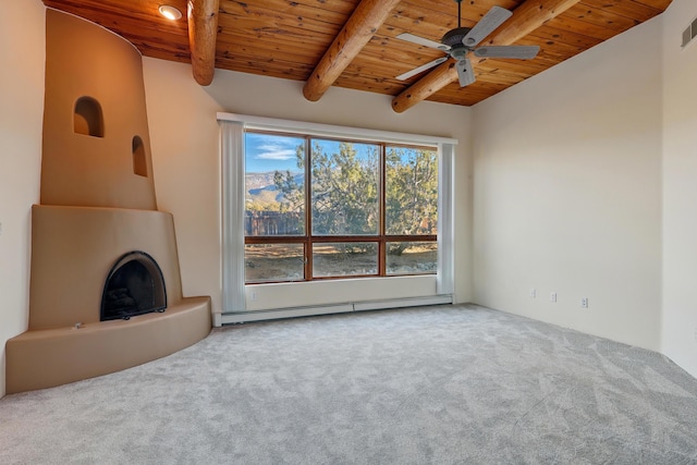 unfurnished living room featuring visible vents, a baseboard radiator, wooden ceiling, beamed ceiling, and carpet flooring