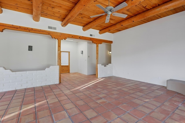 empty room with visible vents, ceiling fan, beamed ceiling, wood ceiling, and tile patterned floors