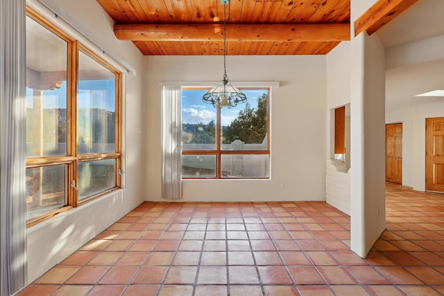 unfurnished dining area with light tile patterned floors, beamed ceiling, wood ceiling, and an inviting chandelier