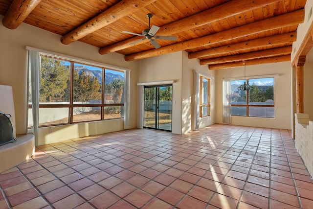 unfurnished sunroom featuring beamed ceiling, wood ceiling, and ceiling fan