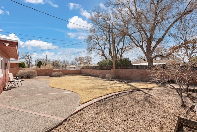 view of yard with a fenced backyard and a patio