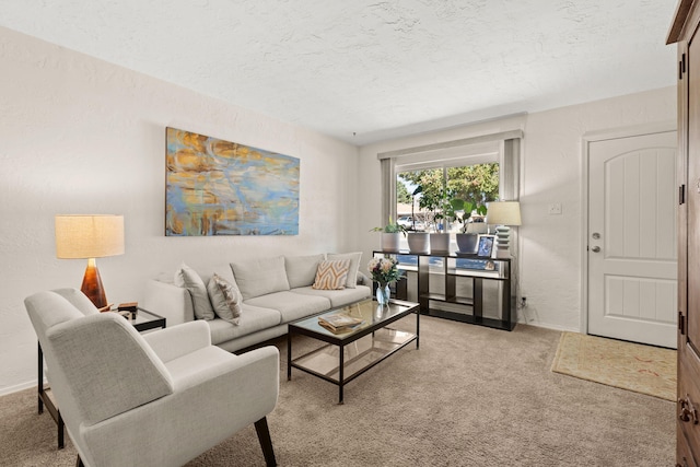 living area with a textured ceiling, baseboards, light colored carpet, and a textured wall