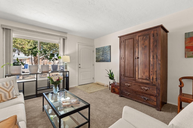 living room with baseboards, light colored carpet, and a textured ceiling