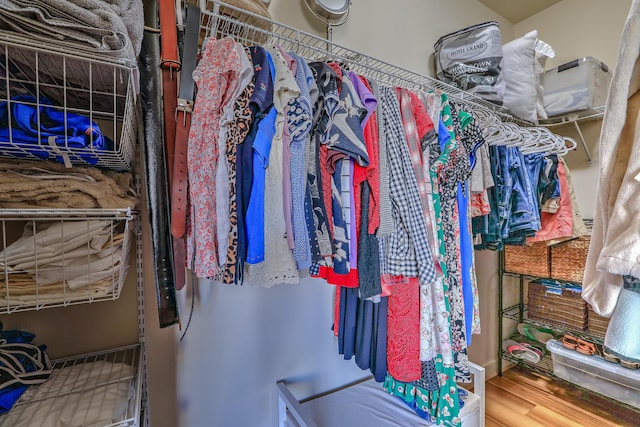 walk in closet with wood finished floors