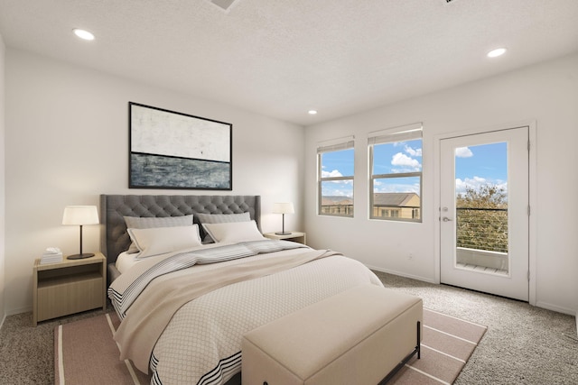 carpeted bedroom with baseboards, access to outside, and recessed lighting