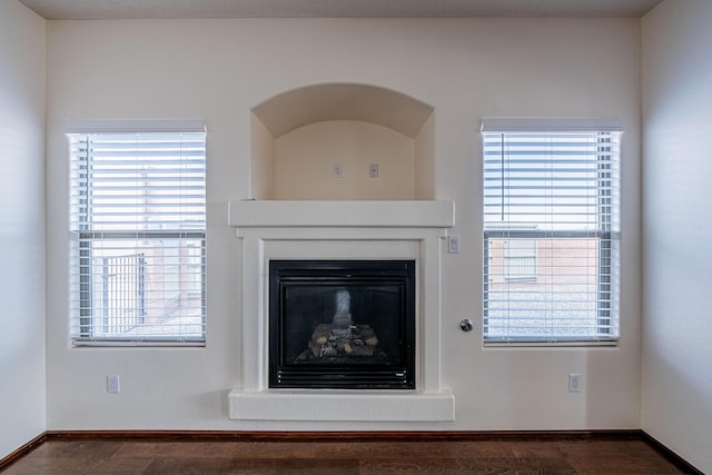 details with baseboards, wood finished floors, and a glass covered fireplace