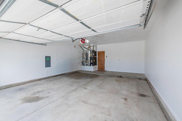 garage with electric panel, water heater, a garage door opener, and baseboards