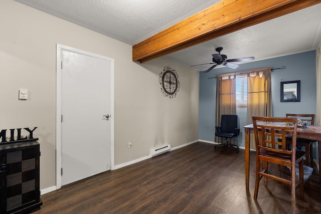 dining area with a ceiling fan, beam ceiling, dark wood-style flooring, a textured ceiling, and baseboard heating