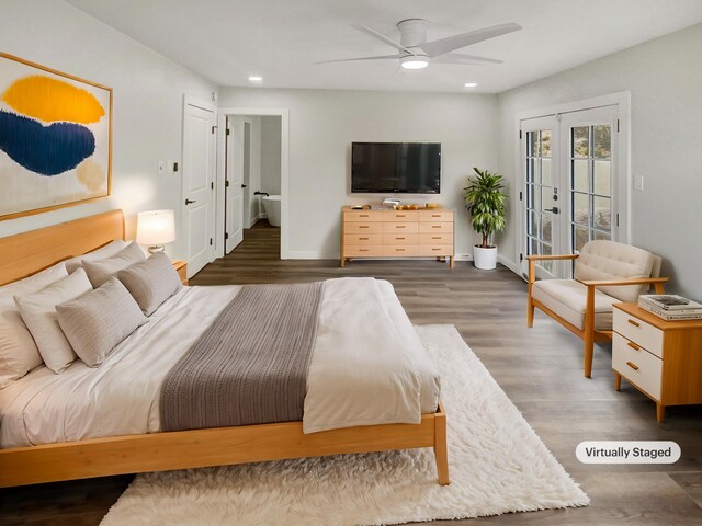 bedroom with ceiling fan, baseboards, recessed lighting, wood finished floors, and access to outside