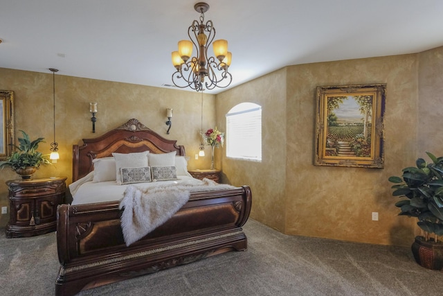 bedroom with an inviting chandelier and carpet floors