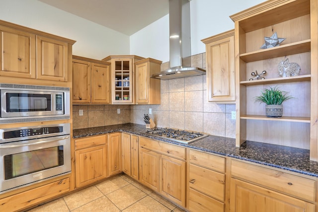 kitchen with open shelves, backsplash, appliances with stainless steel finishes, exhaust hood, and light tile patterned flooring