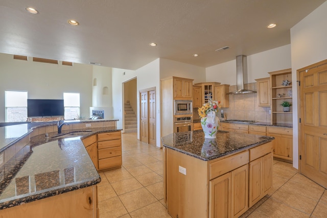 kitchen with a sink, open shelves, a spacious island, range hood, and appliances with stainless steel finishes