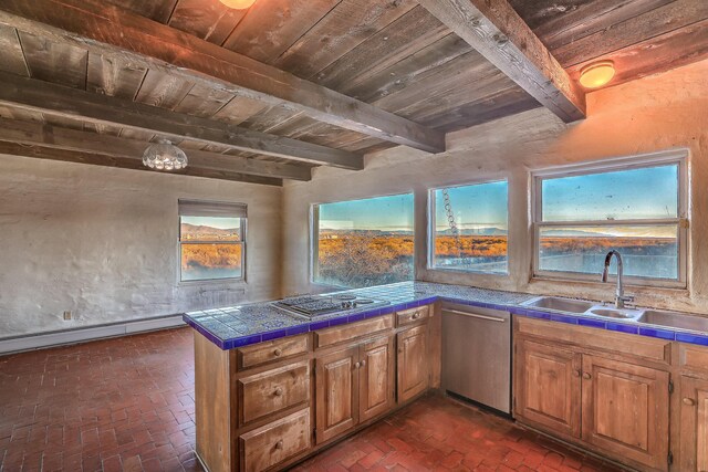 3805 Riverview Rd NW, Albuquerque, NM 87105 - kitchen with appliances with stainless steel finishes, brick flooring, tile countertops, a wood ceiling with exposed beams, and brown cabinetry