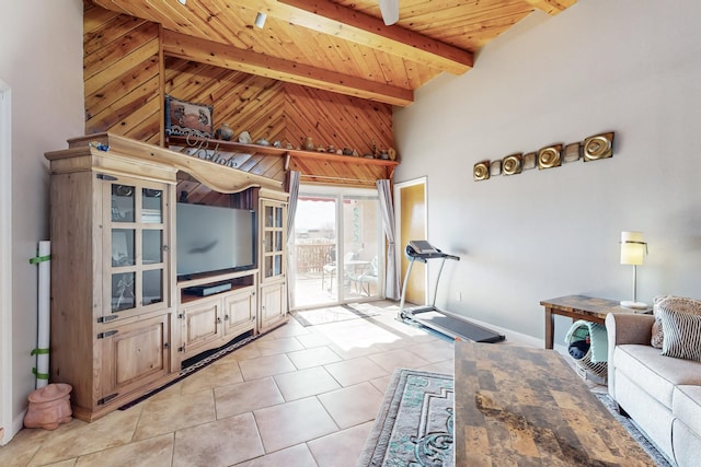 living room with wooden walls, high vaulted ceiling, light tile patterned flooring, wooden ceiling, and beamed ceiling