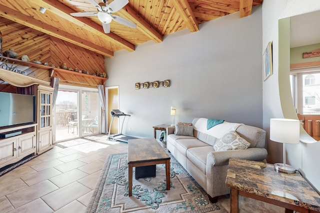 tiled living area featuring beamed ceiling, a healthy amount of sunlight, and wooden ceiling