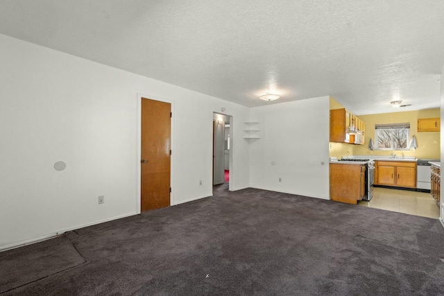 unfurnished living room featuring light carpet and a textured ceiling