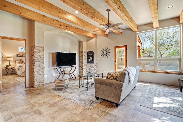 living area with recessed lighting, visible vents, beam ceiling, and a ceiling fan