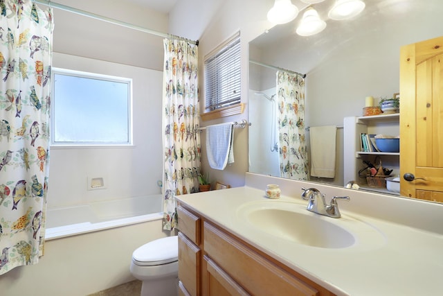 bathroom featuring a wealth of natural light, toilet, vanity, and shower / bath combination with curtain