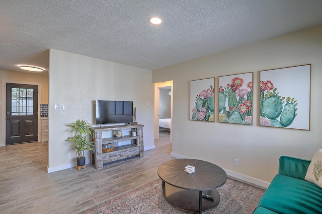 living room with wood finished floors, baseboards, and a textured ceiling