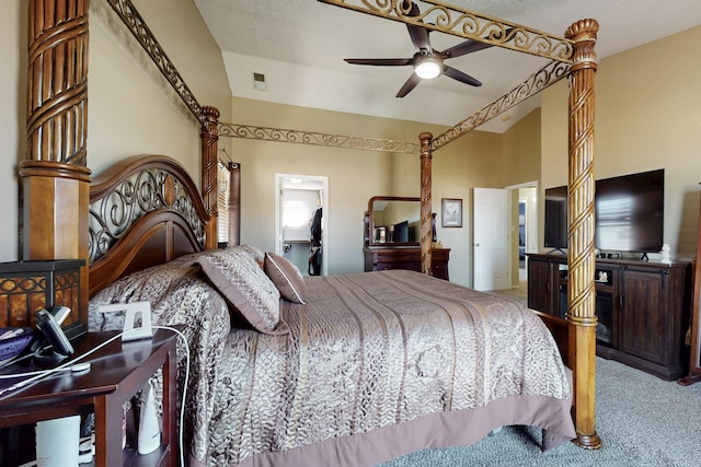 carpeted bedroom featuring a ceiling fan and visible vents