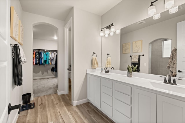 full bath featuring a spacious closet, wood finished floors, double vanity, and a sink
