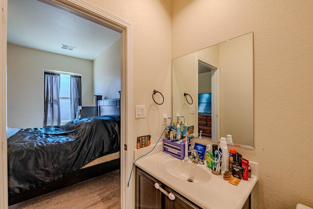 bathroom with visible vents, vanity, and a textured wall