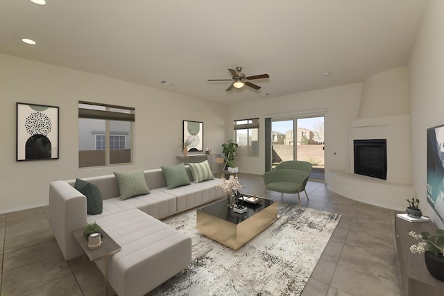 living area featuring visible vents, baseboards, recessed lighting, a fireplace, and ceiling fan