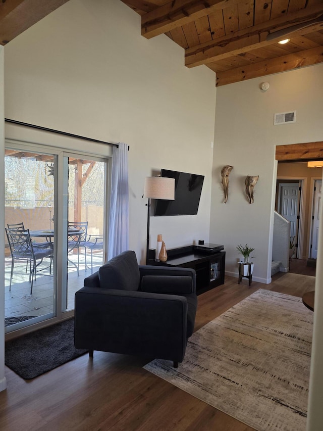 living room featuring visible vents, beam ceiling, high vaulted ceiling, wood finished floors, and wood ceiling