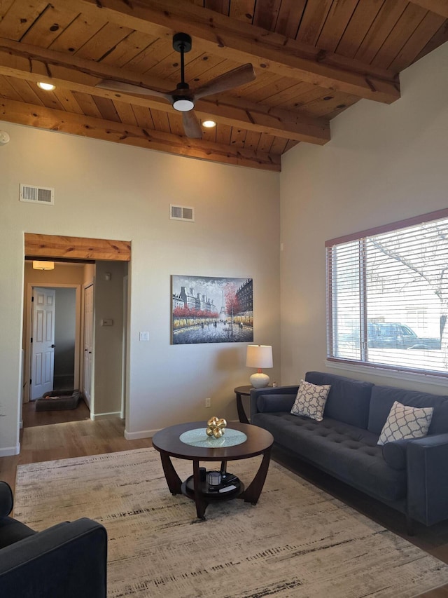 living area with visible vents, beamed ceiling, and wooden ceiling