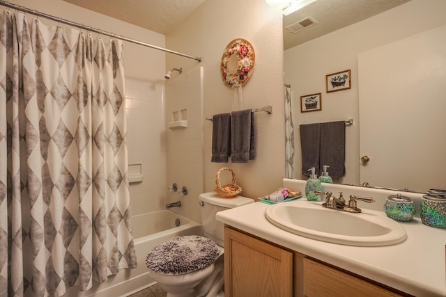 full bath with vanity, visible vents, a textured ceiling, toilet, and shower / tub combo with curtain