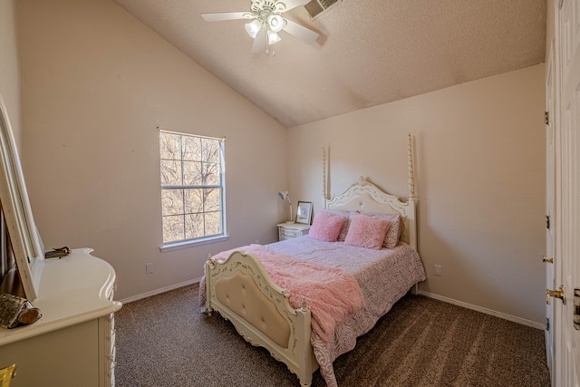 bedroom featuring visible vents, baseboards, carpet, and vaulted ceiling