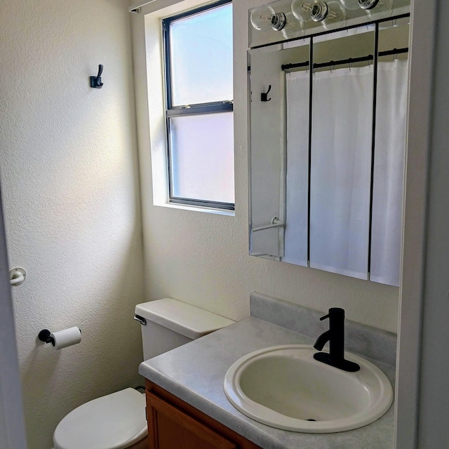 bathroom featuring vanity, a shower with curtain, toilet, and a textured wall